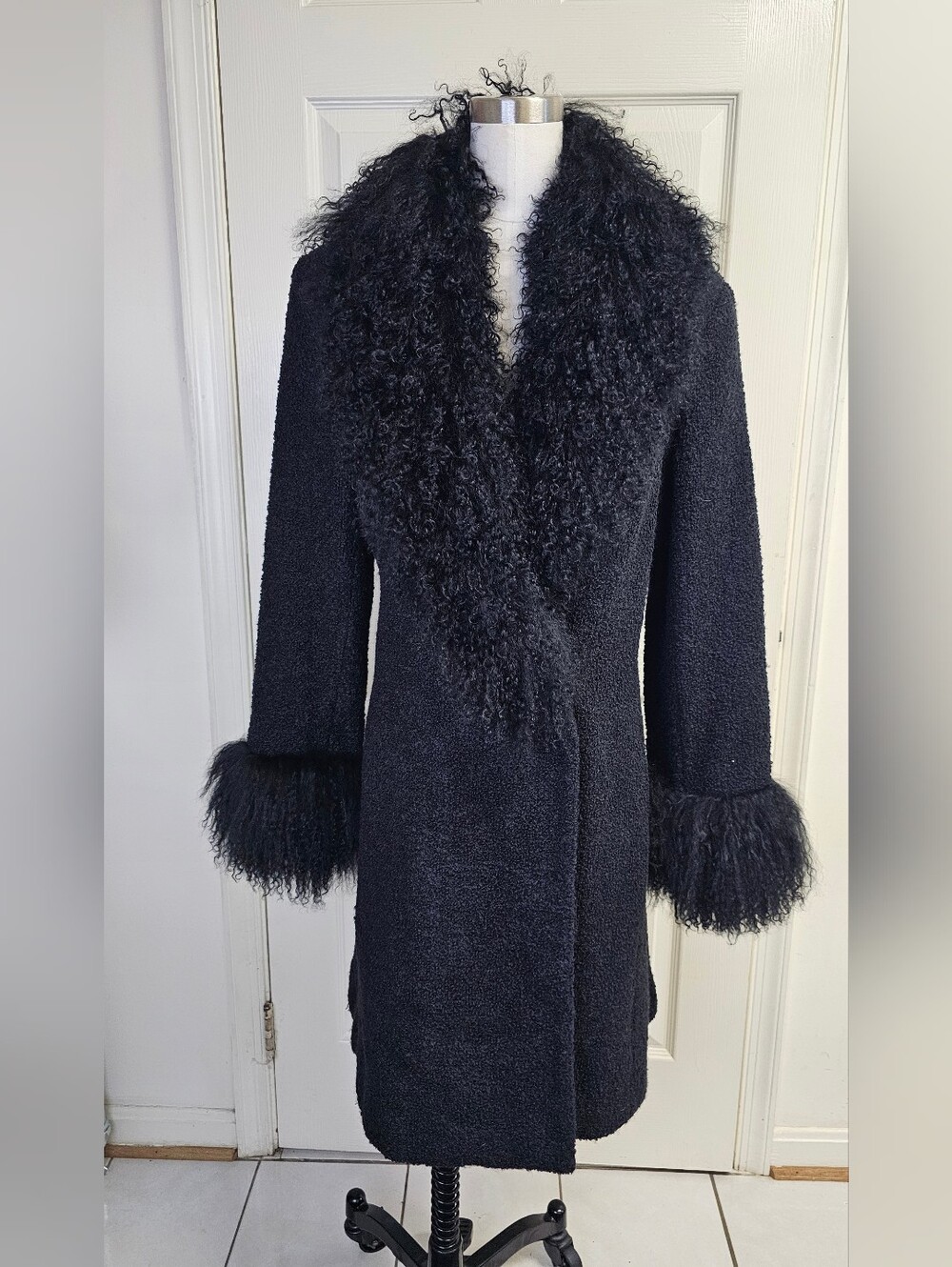 Vintage 90s Marvin Richards Black Wool Penny Lane Coat Real Fur Trim Size M
